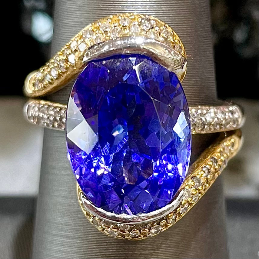 Partially Faceted Tanzanite Crystal Gemstone Diamond 18K Yellow Gold Ring Multi Stone Wedding Ring One of A Kind Three Stone Ring 1038