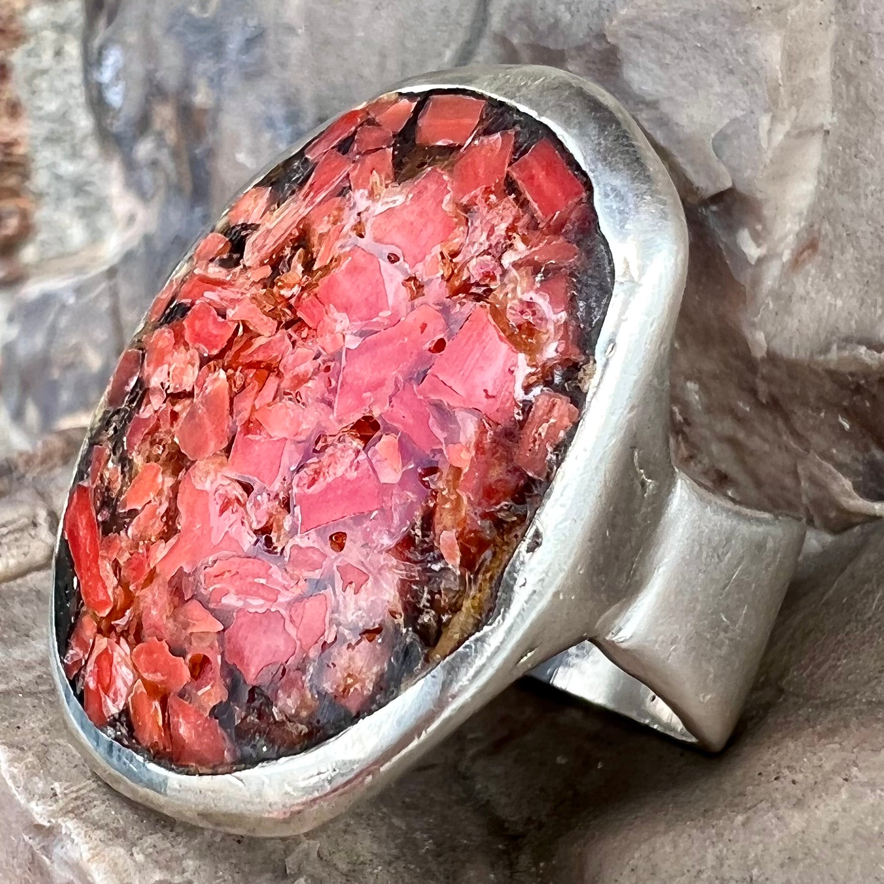 2024 Hand made sterling silver crushed tand coral ring