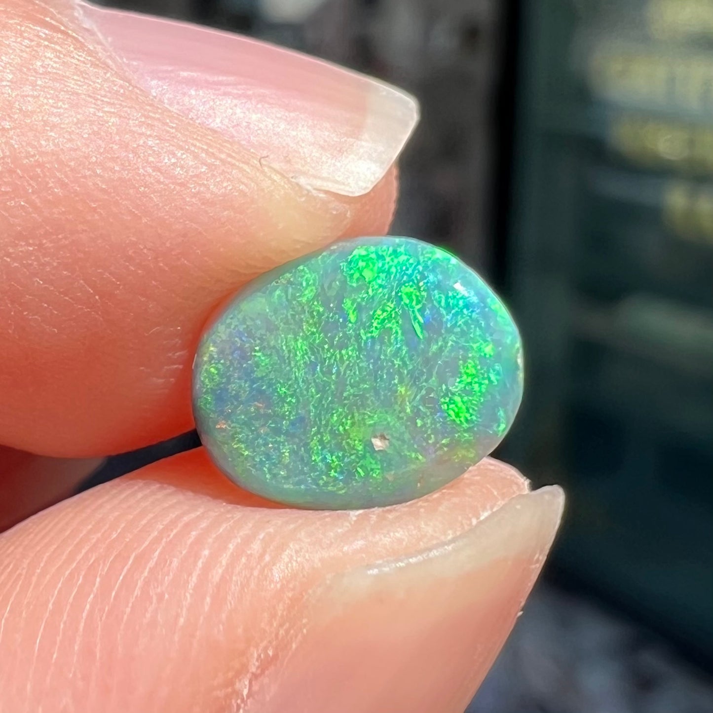 A loose, 1.26 carat semi-black opal stone from Lightning Ridge, Australia.  The opal is green and blue.