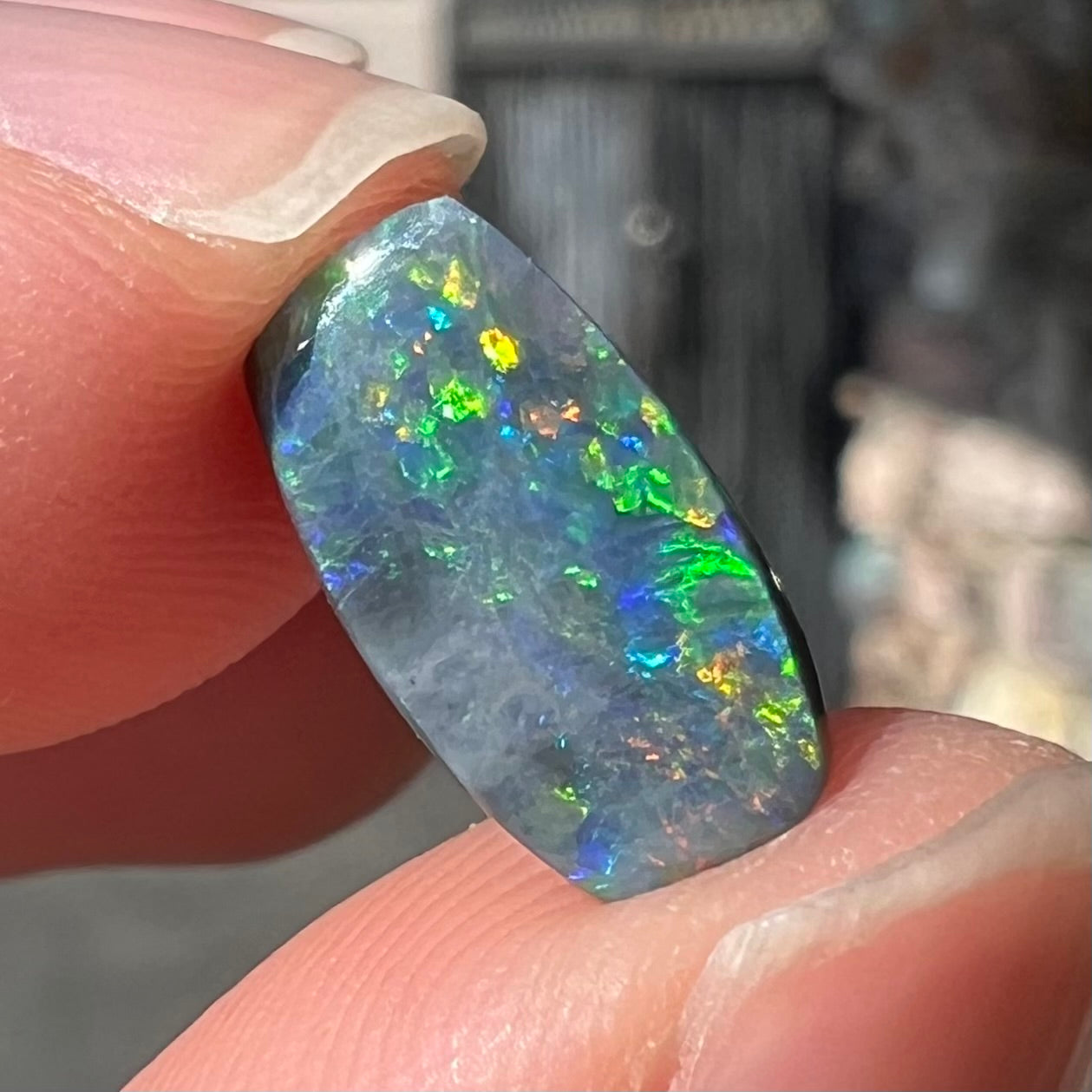 A loose 1.76ct barrel shaped black opal stone from Lightning Ridge, Australia.  The opal has a rainbow of colors.