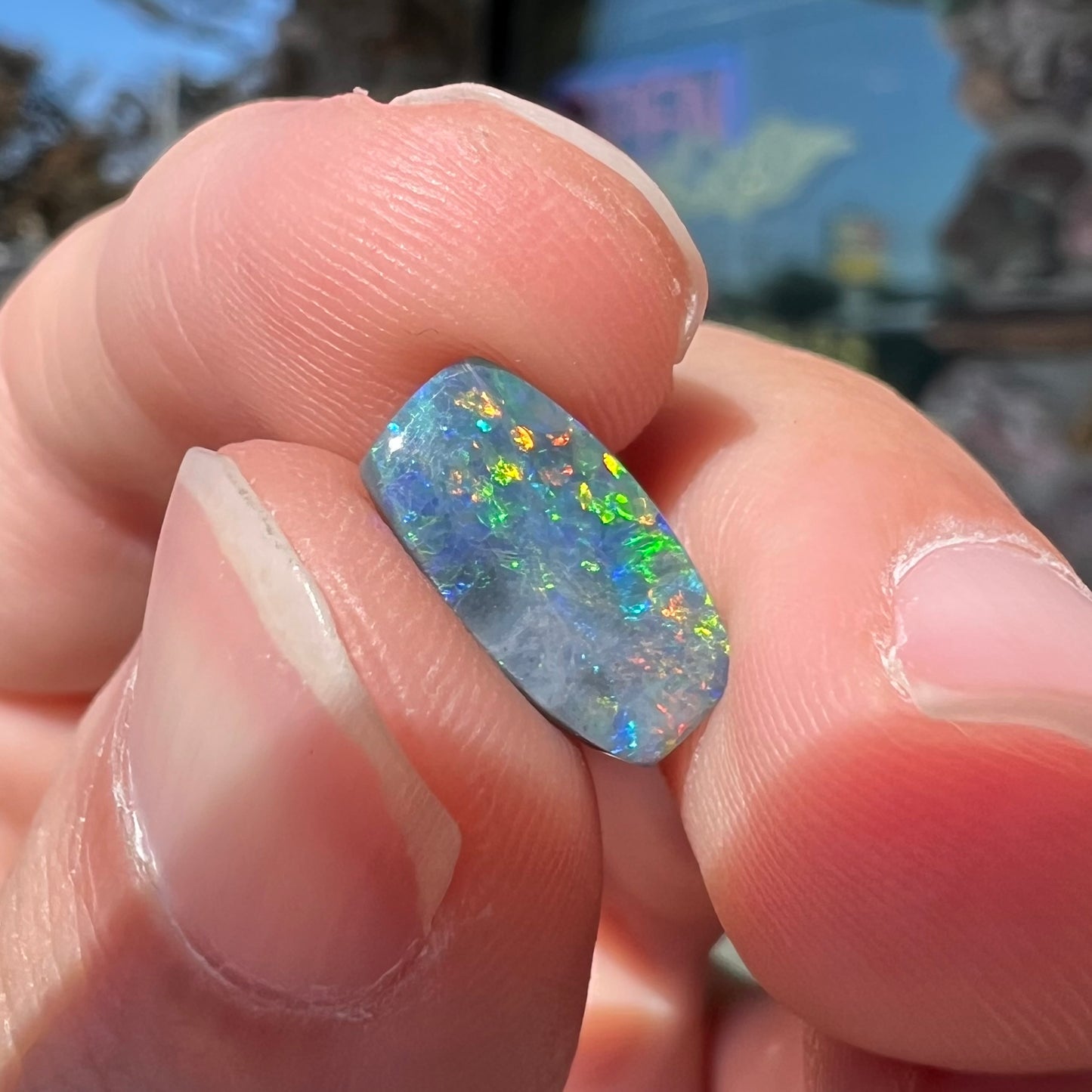 A loose 1.76ct barrel shaped black opal stone from Lightning Ridge, Australia.  The opal has a rainbow of colors.