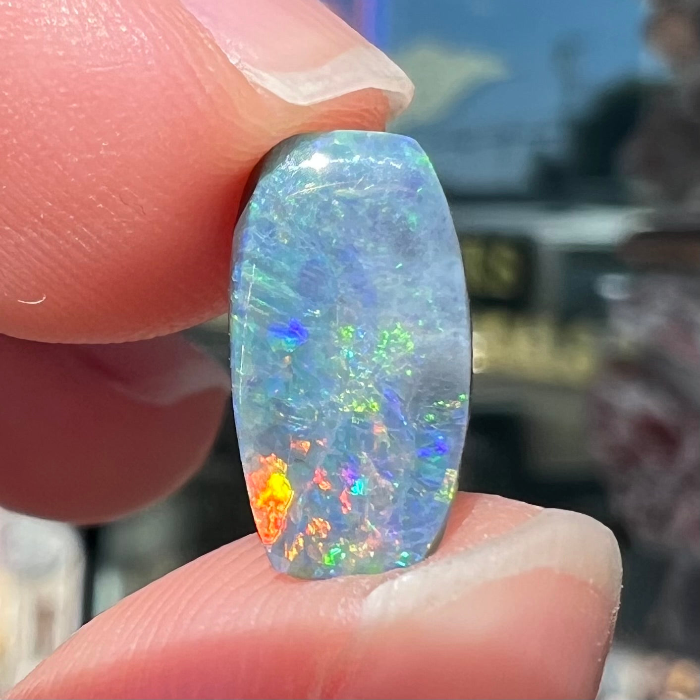 A loose 1.76ct barrel shaped black opal stone from Lightning Ridge, Australia.  The opal has a rainbow of colors.