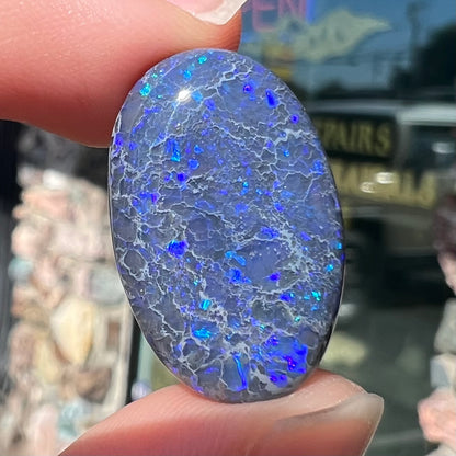 A loose, oval cabochon cut black opal from Lightning Ridge, Australia that weighs 13.09 carats.  The opal is blue.