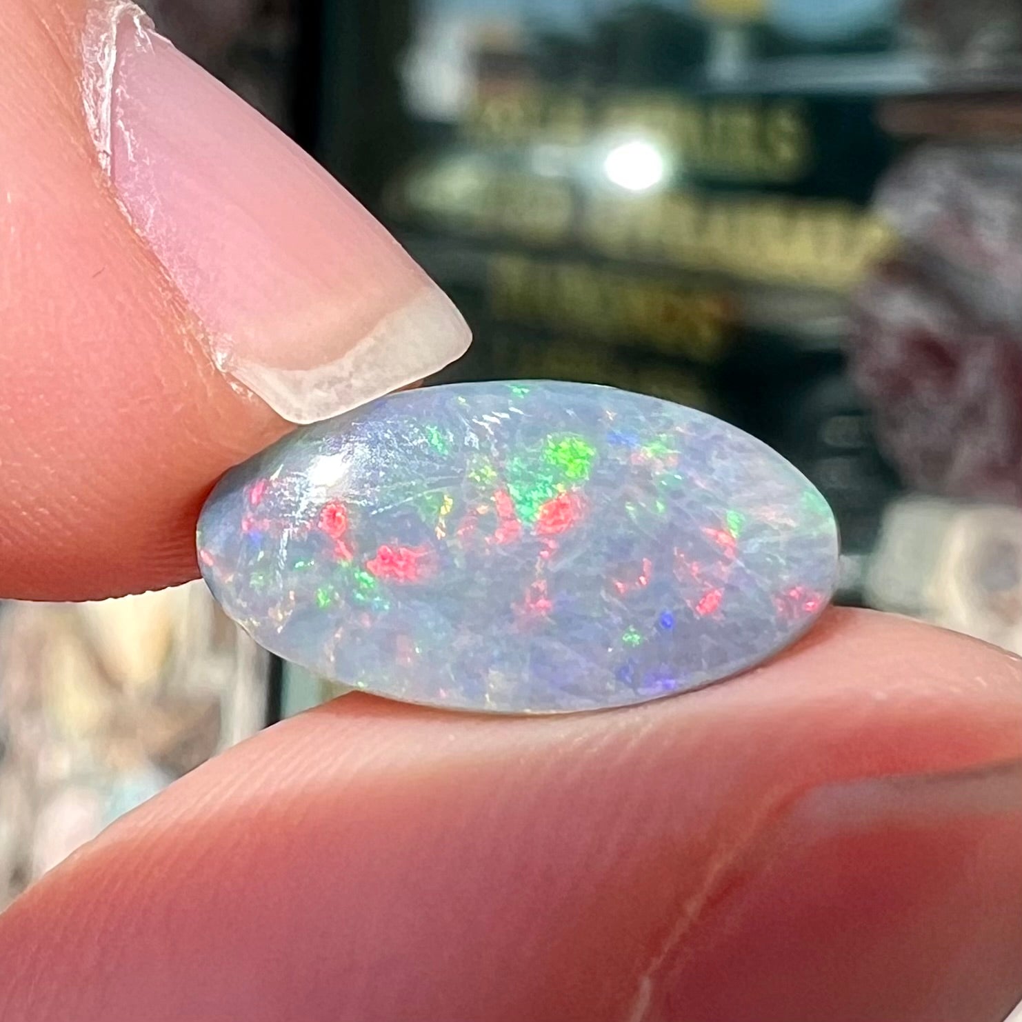 A loose, 3.01 carat, oval cut semi-black opal stone from Lightning Ridge, Australia.  The opal has red colors.