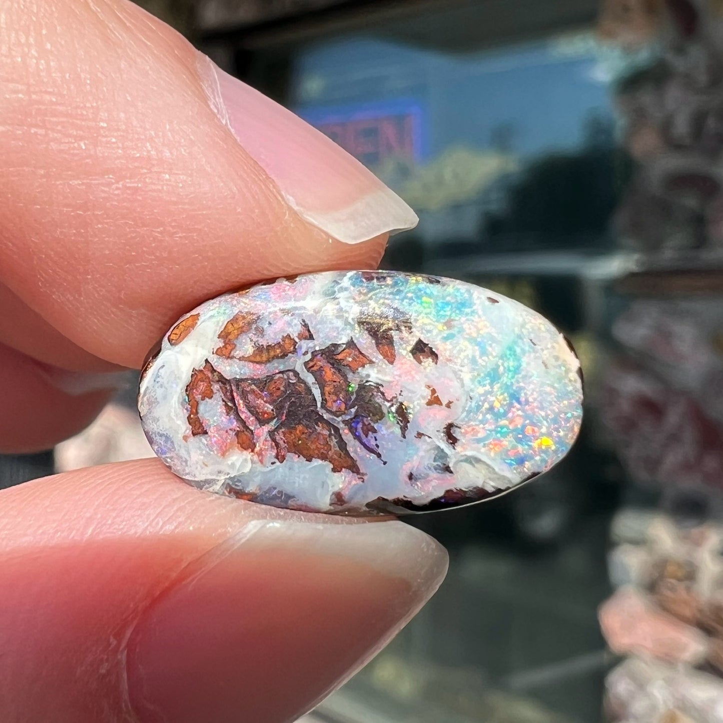 An oval cabochon cut boulder opal stone from Koroit, Australia.  The opal has a white body tone.