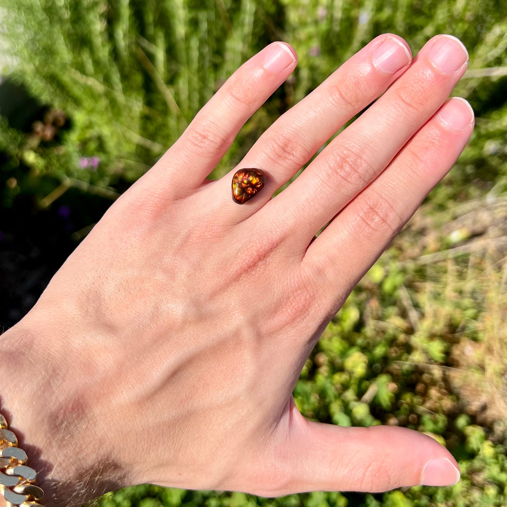 A loose, freeform fire agate gemstone.  The stone is red with green and orange iridescence.