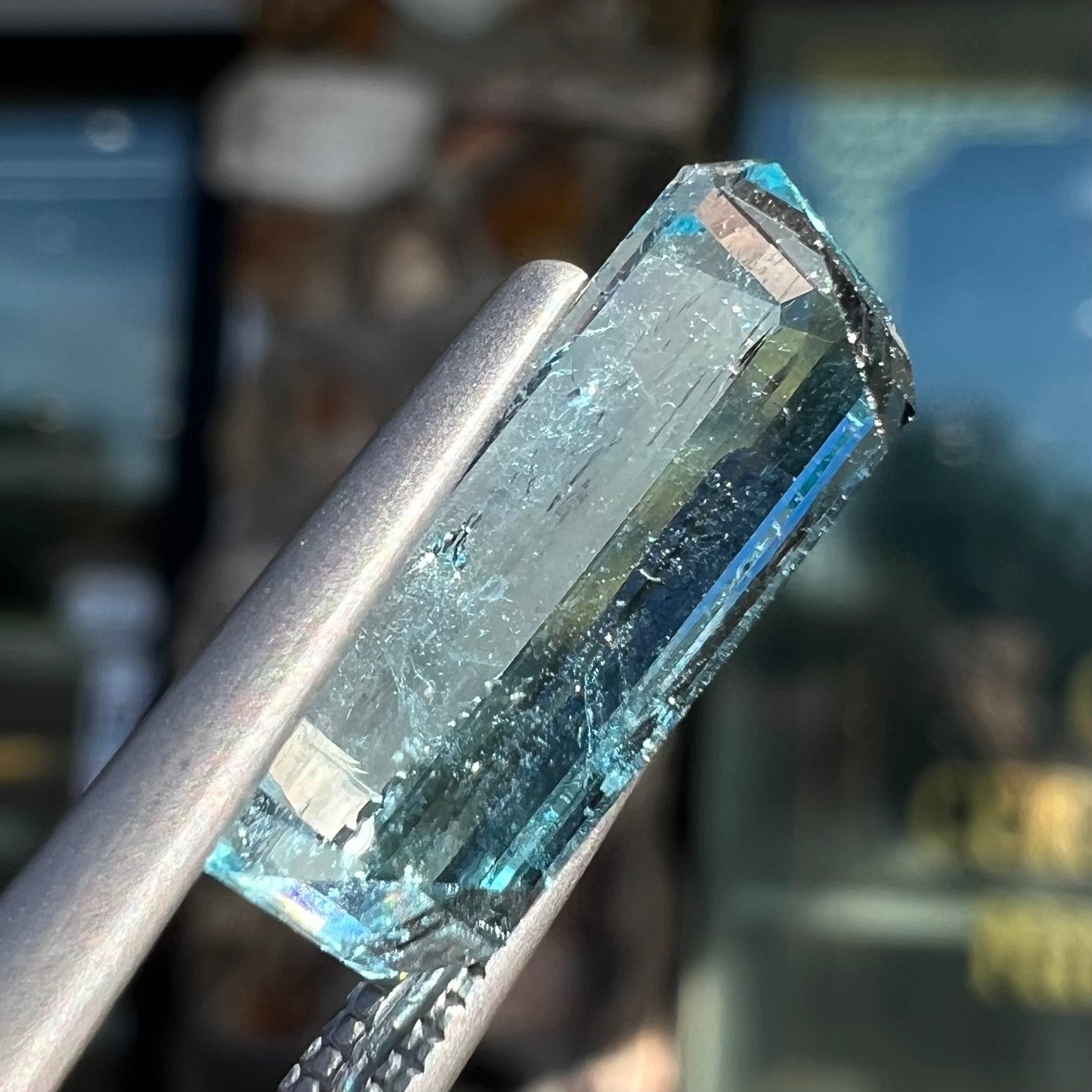 A loose, emerald cut aquamarine stone from Vietnam.  The stone is an ice blue color.