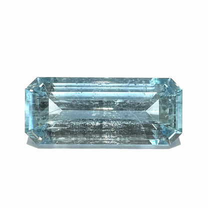 A loose, emerald cut aquamarine stone from Vietnam.  The stone is an ice blue color.