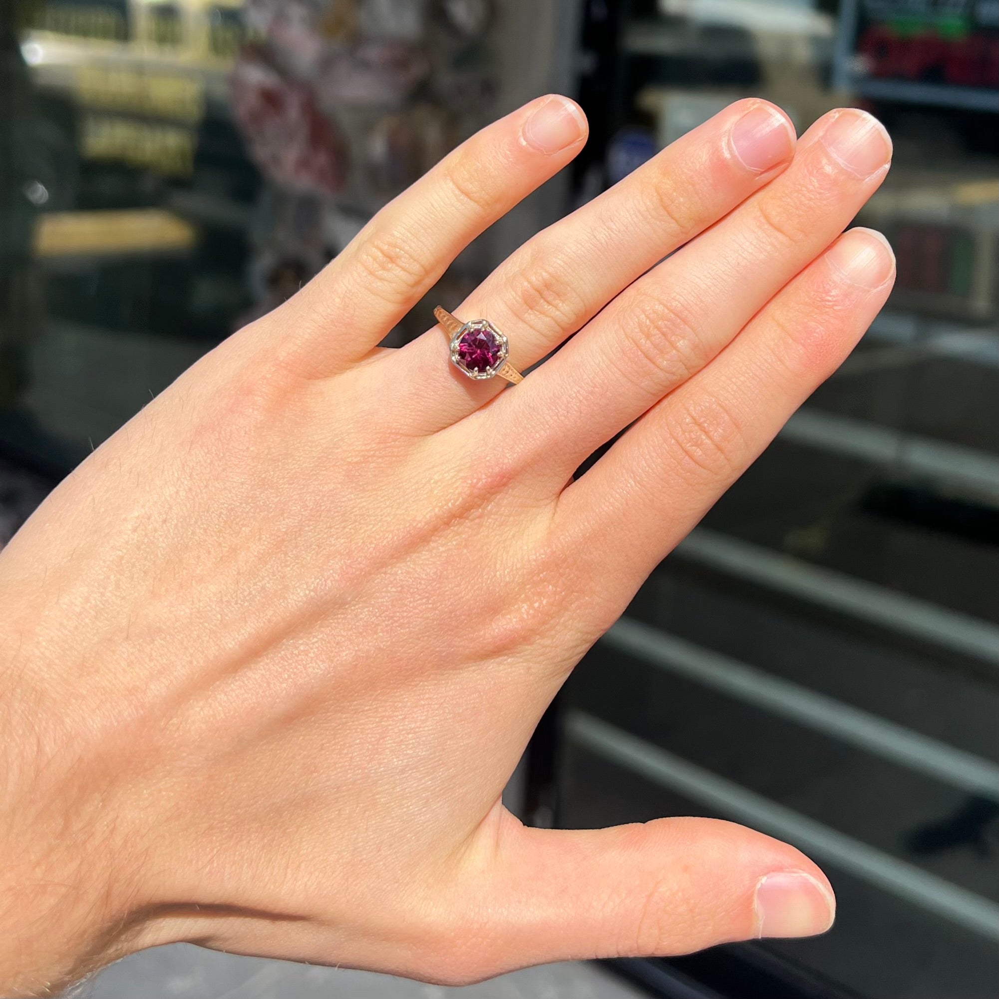 Art Deco Rhodolite Garnet Ring 14K Rose Gold Garnet Vintage Filigree fashion Ring, Chevron Style Garnet Wedding Anniversary Ring Pear Rhodolite Ring