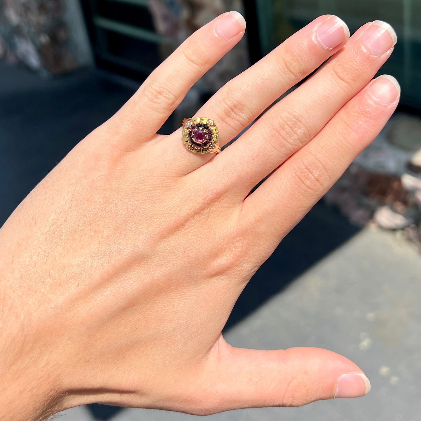 Art Nouveau Rhodolite Garnet Halo Ring in 10kt Gold | Antique, c.1920's