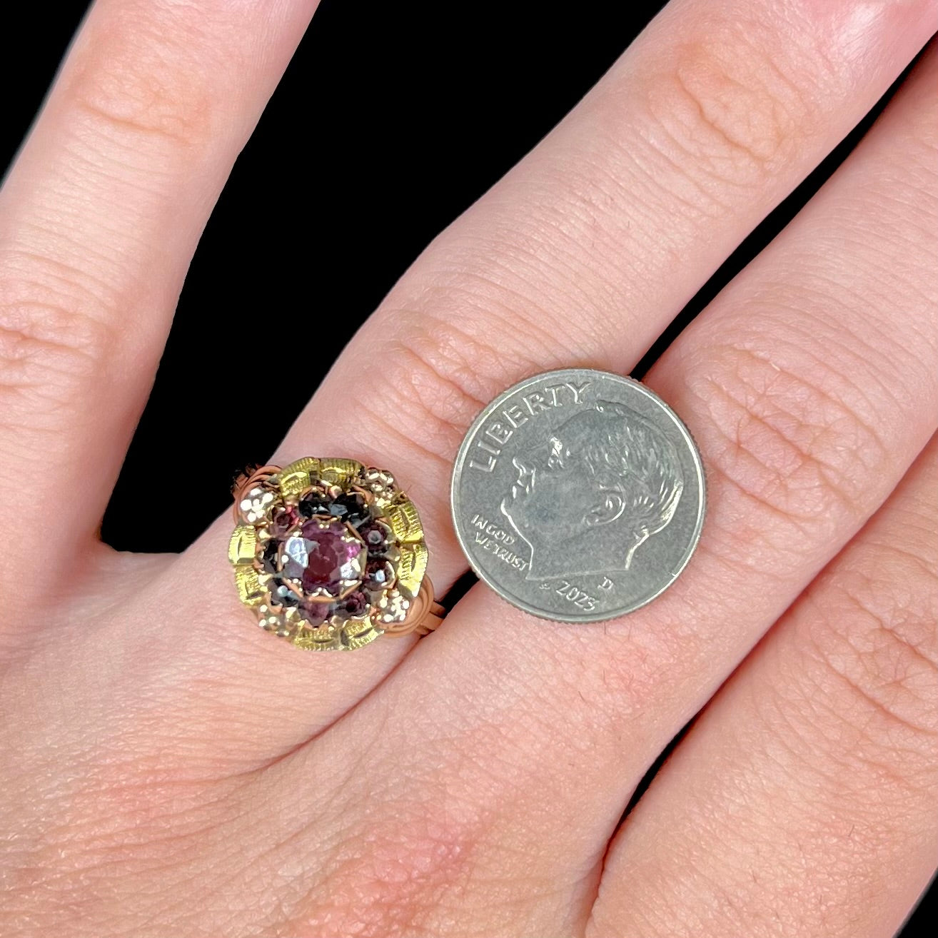 Art Nouveau Rhodolite Garnet Halo Ring in 10kt Gold | Antique, c.1920's