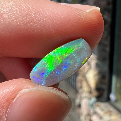 A loose, barrel shaped opal stone from Lightning Ridge, Australia.