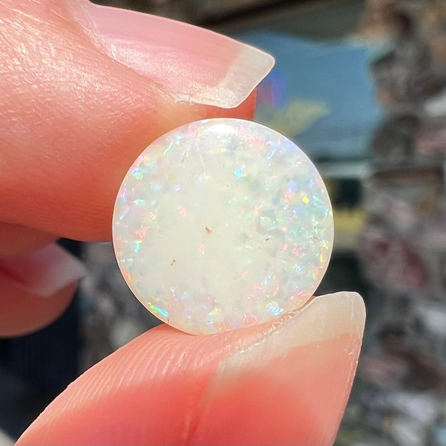 A loose, round cabochon cut white opal from Coober Pedy, Australia.  The opal has green fire.