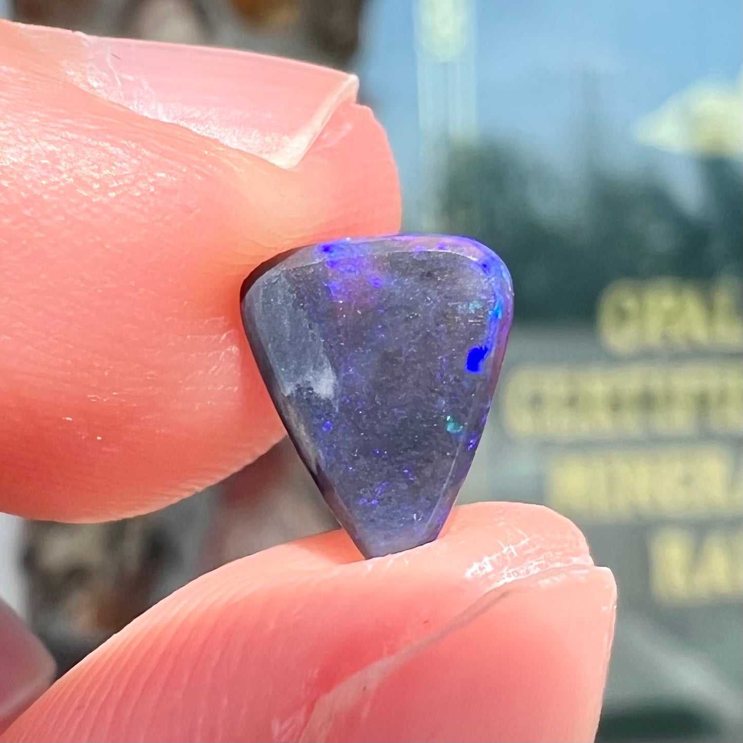 A loose, triangular cut black semi-crystal stone.