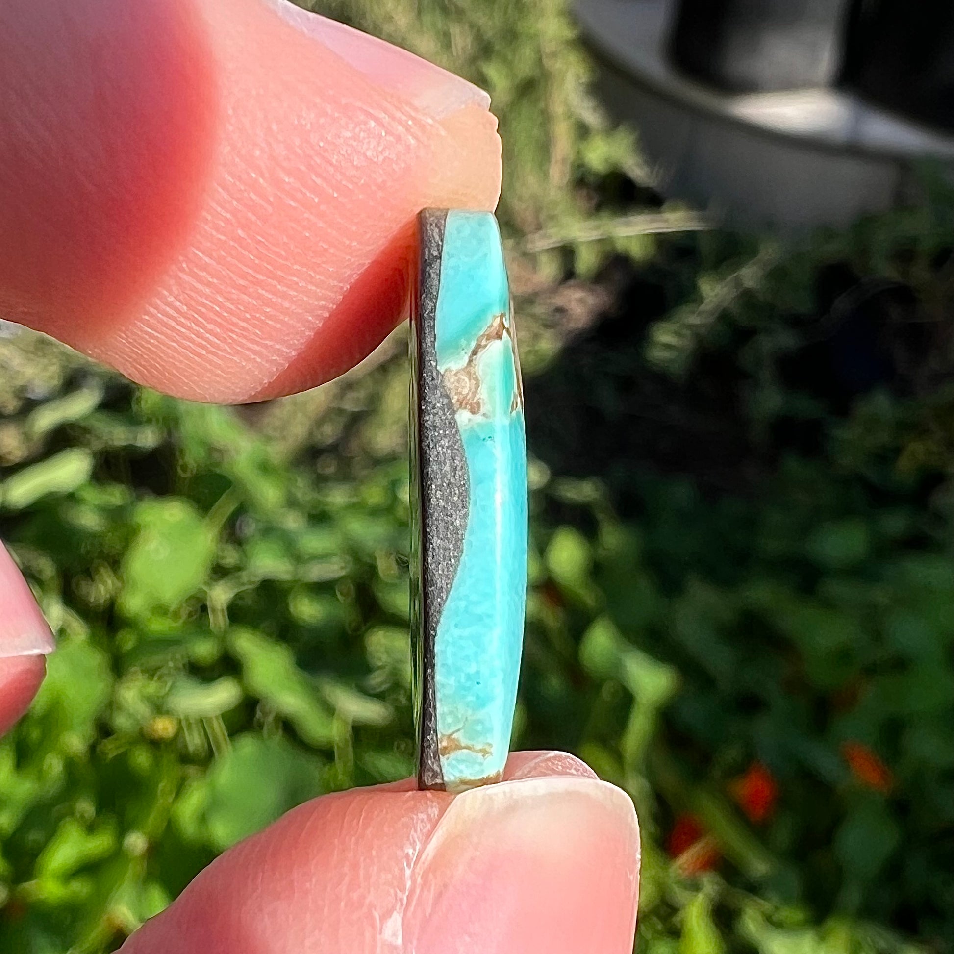 A loose pilot mountain turquoise cabochon.  The stone is blue with brown matrix.