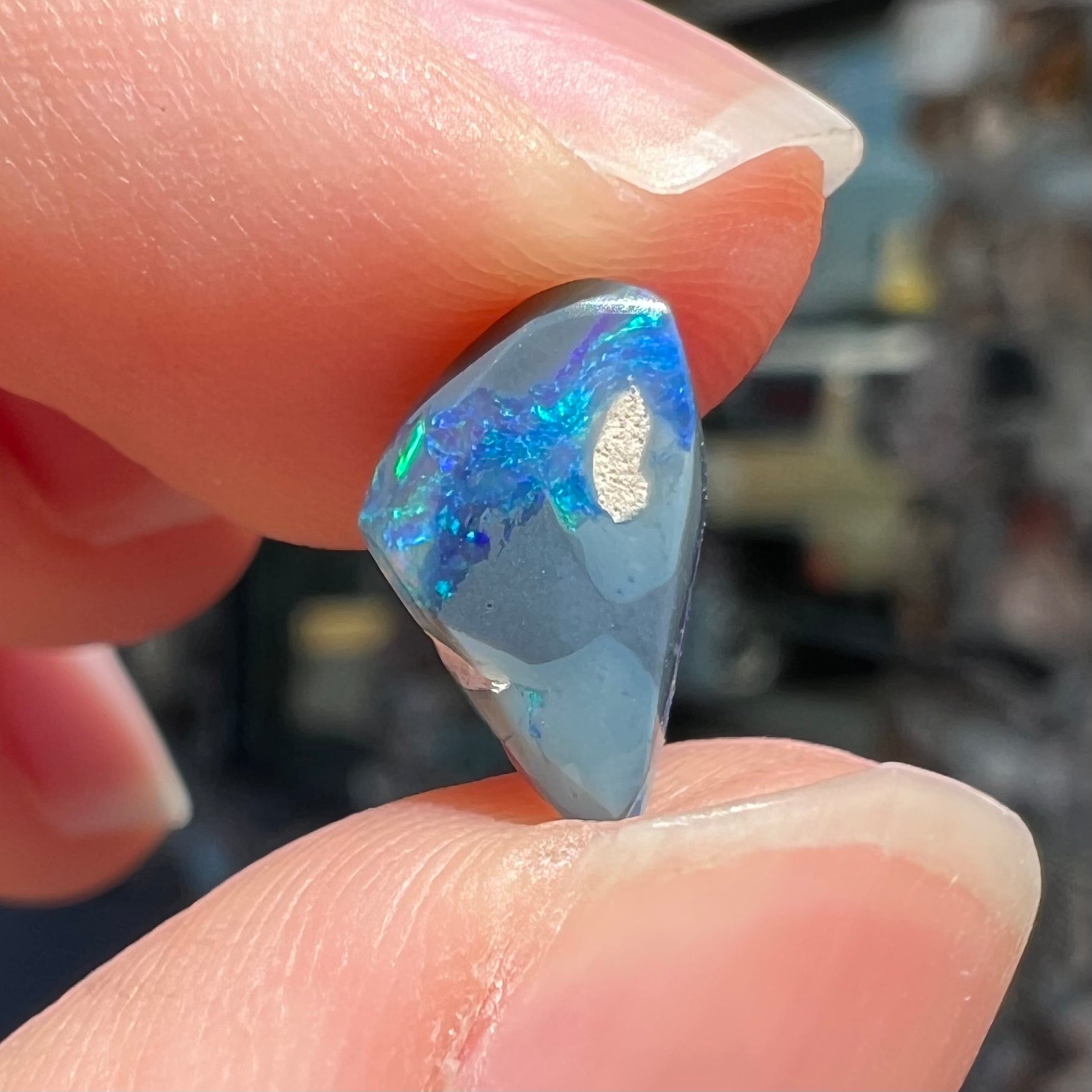 A 1.63 carat loose black opal stone from Lightning Ridge, Australia.  The opal is a freeform shape.