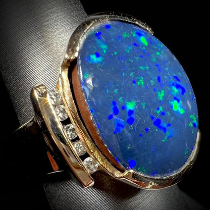 Lulu | Estate Unisex Black Boulder Opal Doublet & Diamond Ring in 14kt Gold