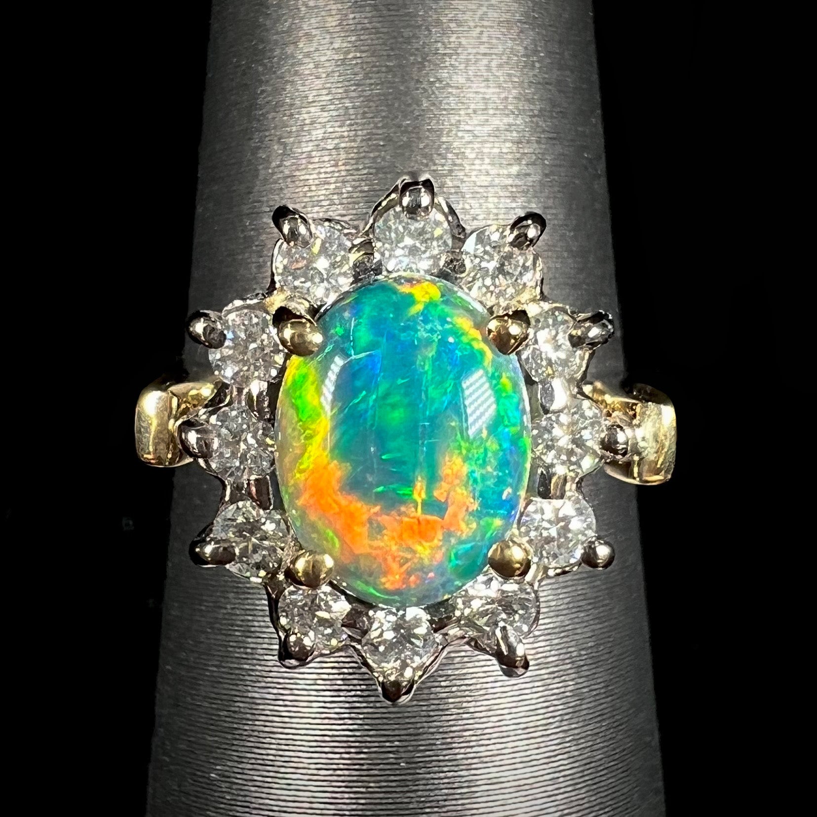 A Lightning Ridge, Australian black opal  and diamond ring.