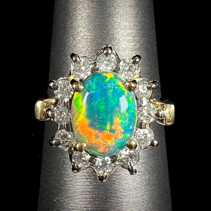 A Lightning Ridge, Australian black opal  and diamond ring.