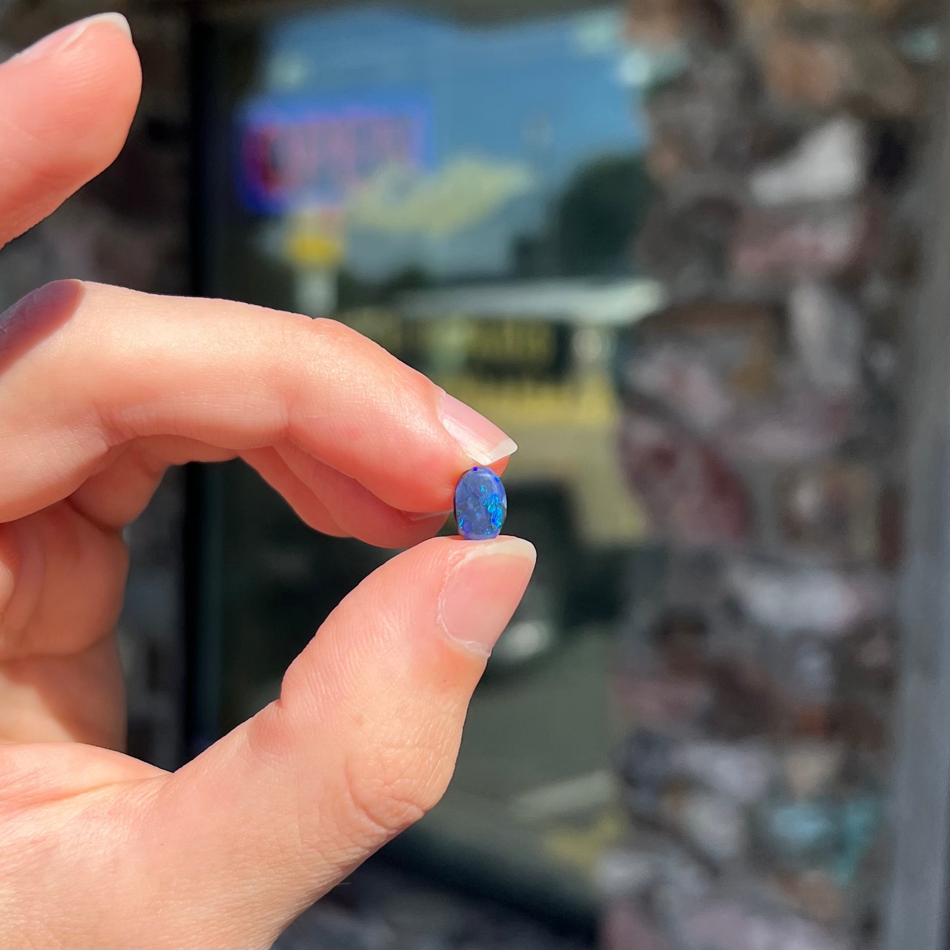 A loose, oval cabochon cut black opal stone from Lightning Ridge, Australia.  The opal has blue color play.