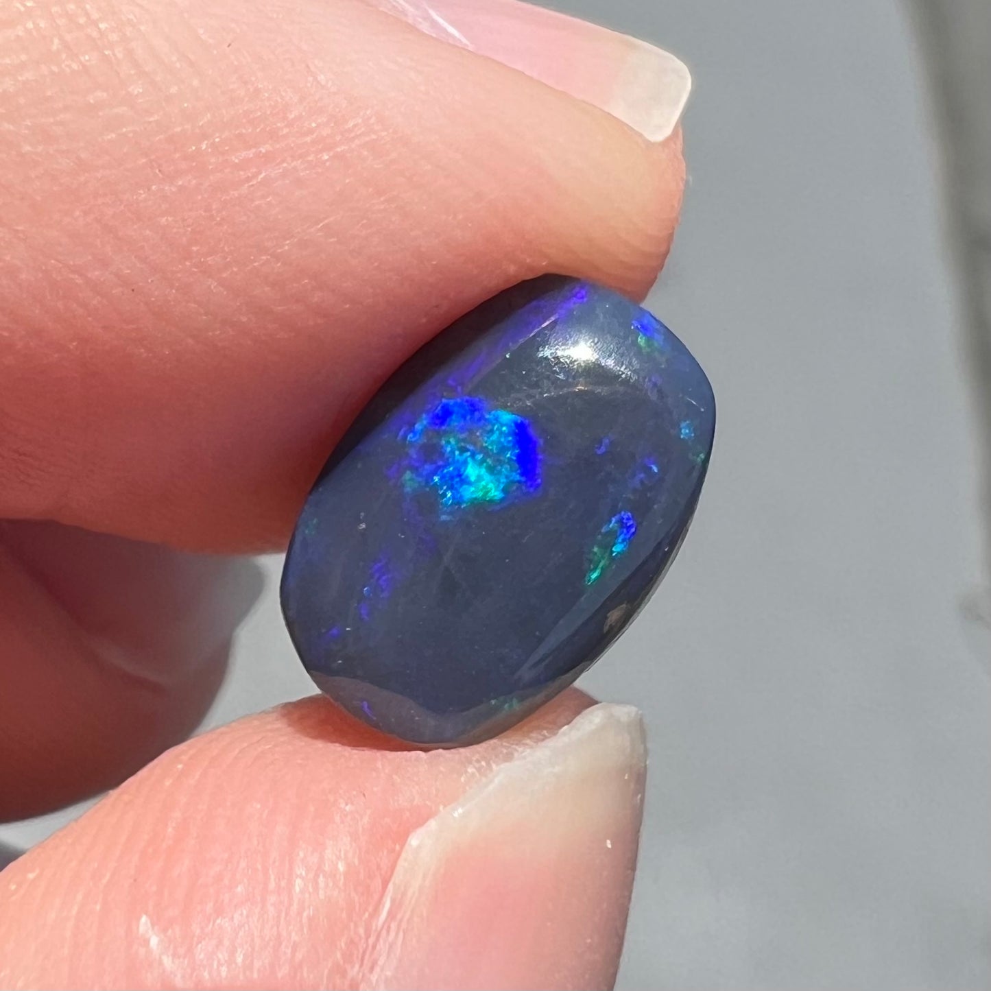 A loose Lightning Ridge black opal stone that shines colors of green, blue, and purple.