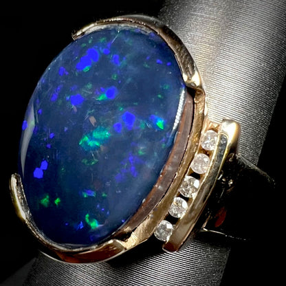 Lulu | Estate Unisex Black Boulder Opal Doublet & Diamond Ring in 14kt Gold