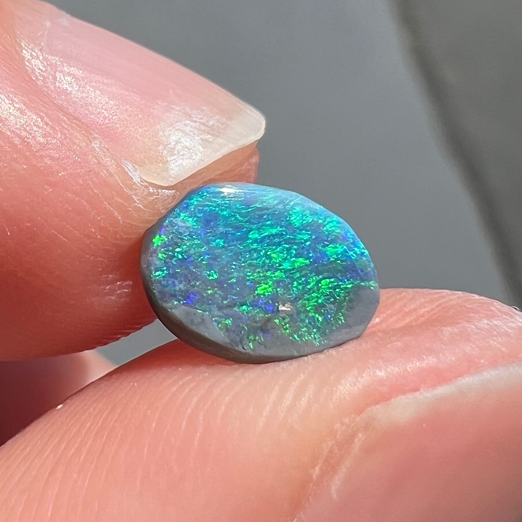 An oval cabochon cut loose Black opal stone from Lightning Ridge, Australia.