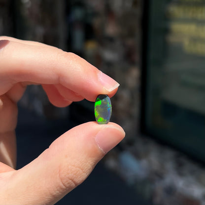 A loose, oval cut black opal stone from Lightning Ridge, Australia.  The opal plays with green and blue fire.