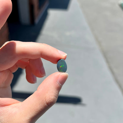 A loose, freeform cut black opal stone from Lightning Ridge, Australia.