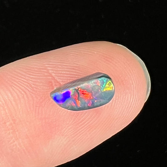 A freeform shaped black opal stone with red and blue fire.