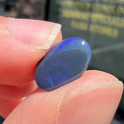 A loose, oval cabochon cut black opal from Lightning Ridge, Australia.  The opal has an N2 body tone.