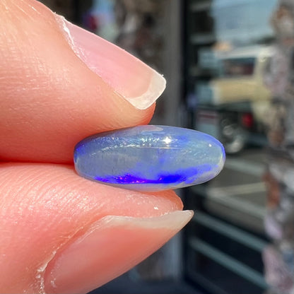 A loose, oval cabochon cut black opal stone that weighs 1.52 carats.  The opal plays blue colors.