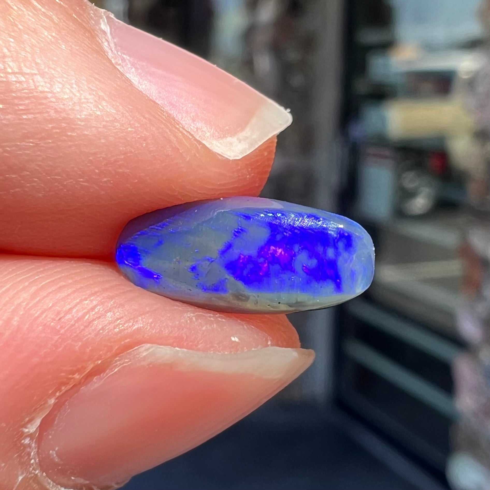 A loose, oval cabochon cut black opal stone that weighs 1.52 carats.  The opal plays blue colors.