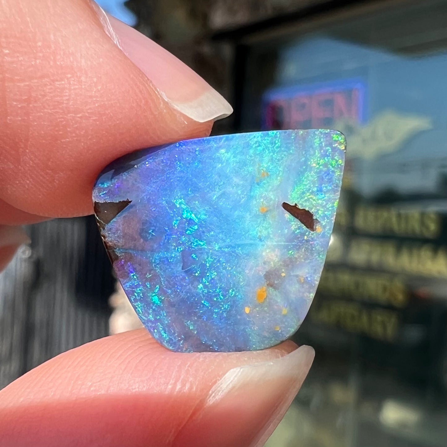 A loose, freeform shaped double-sided boulder opal stone from Quilpie, Australia.  One side is blue, the other is white.