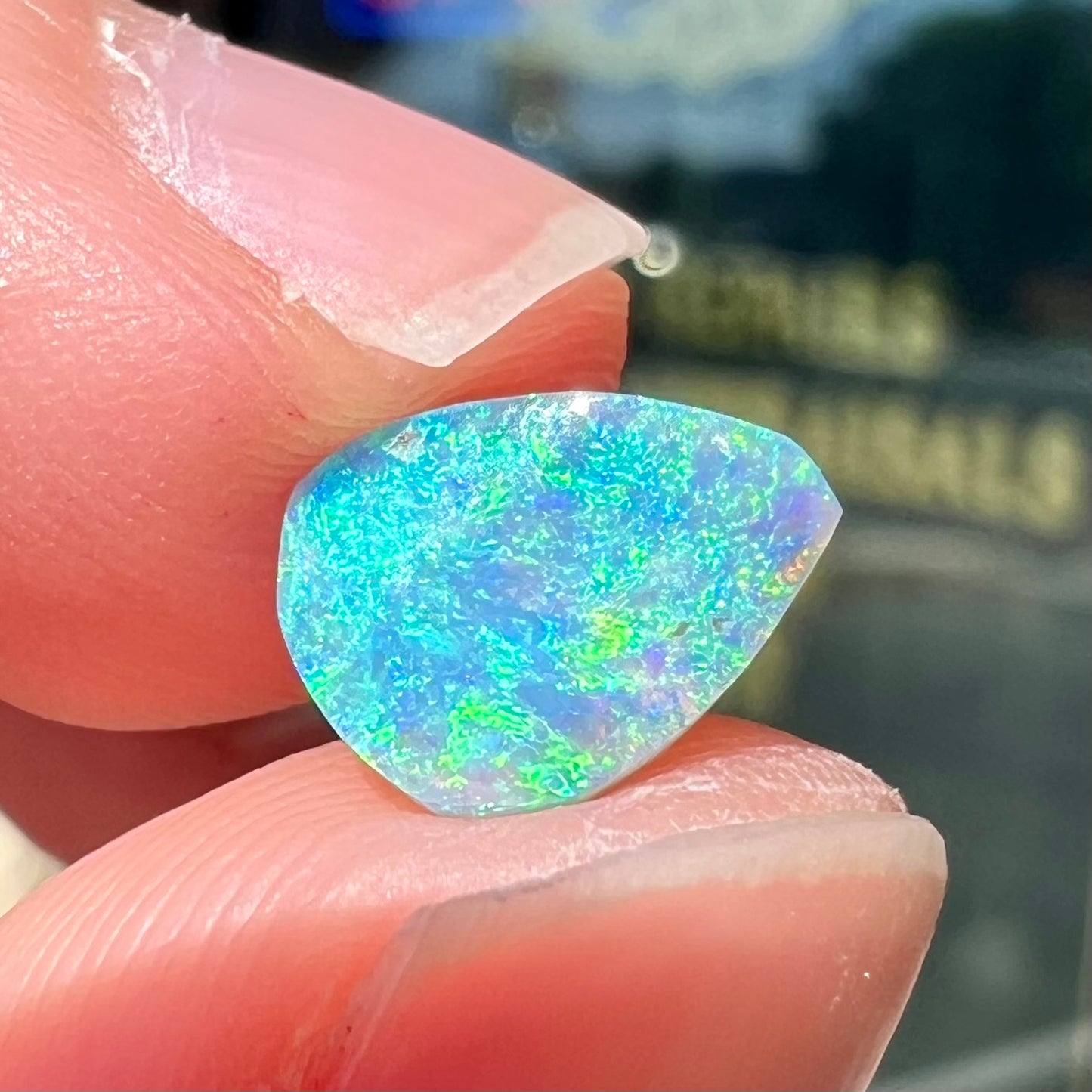 A loose, pear shaped black opal from LIghtning Ridge, Australia.  The opal shines blue and green colors.