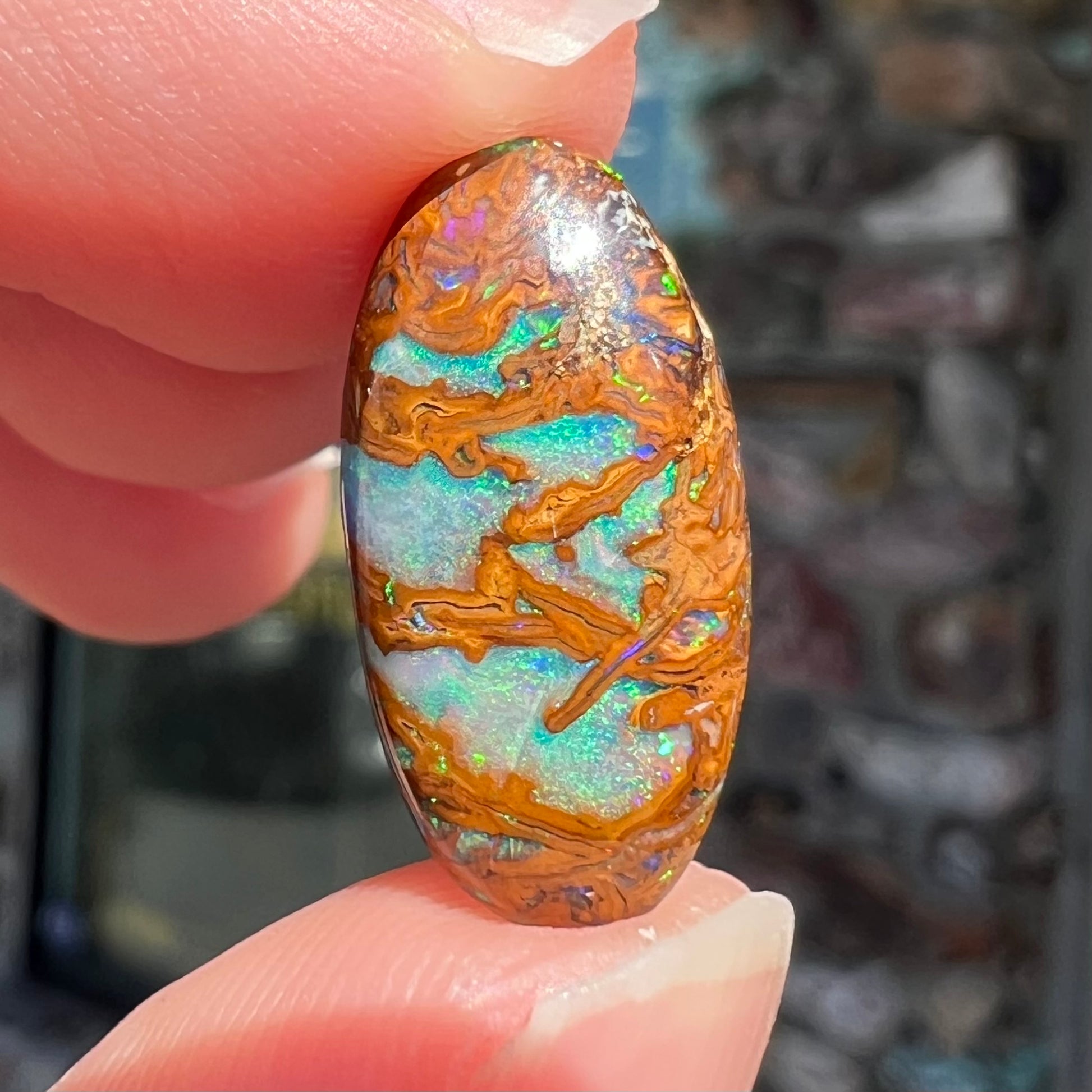 An oval cabochon cut boulder opal stone from Koroit, Australia.  The opal has a blue color.