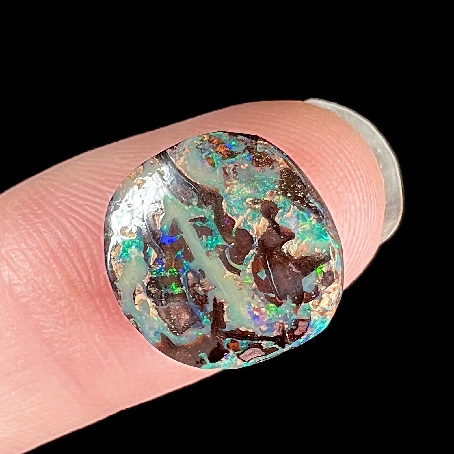 An off-round cabochon cut boulder opal stone from Koroit, Australia.  The opal has green, blue, and red colors.