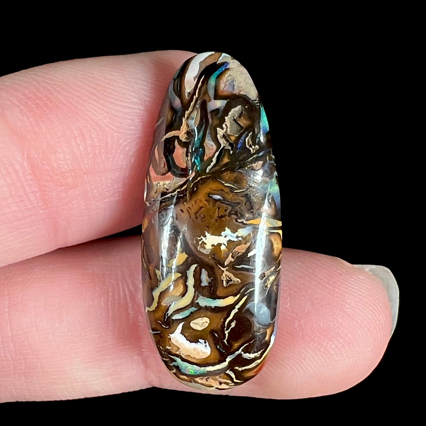 A polished, pear shaped boulder opal stone from Koroit, Australia. 