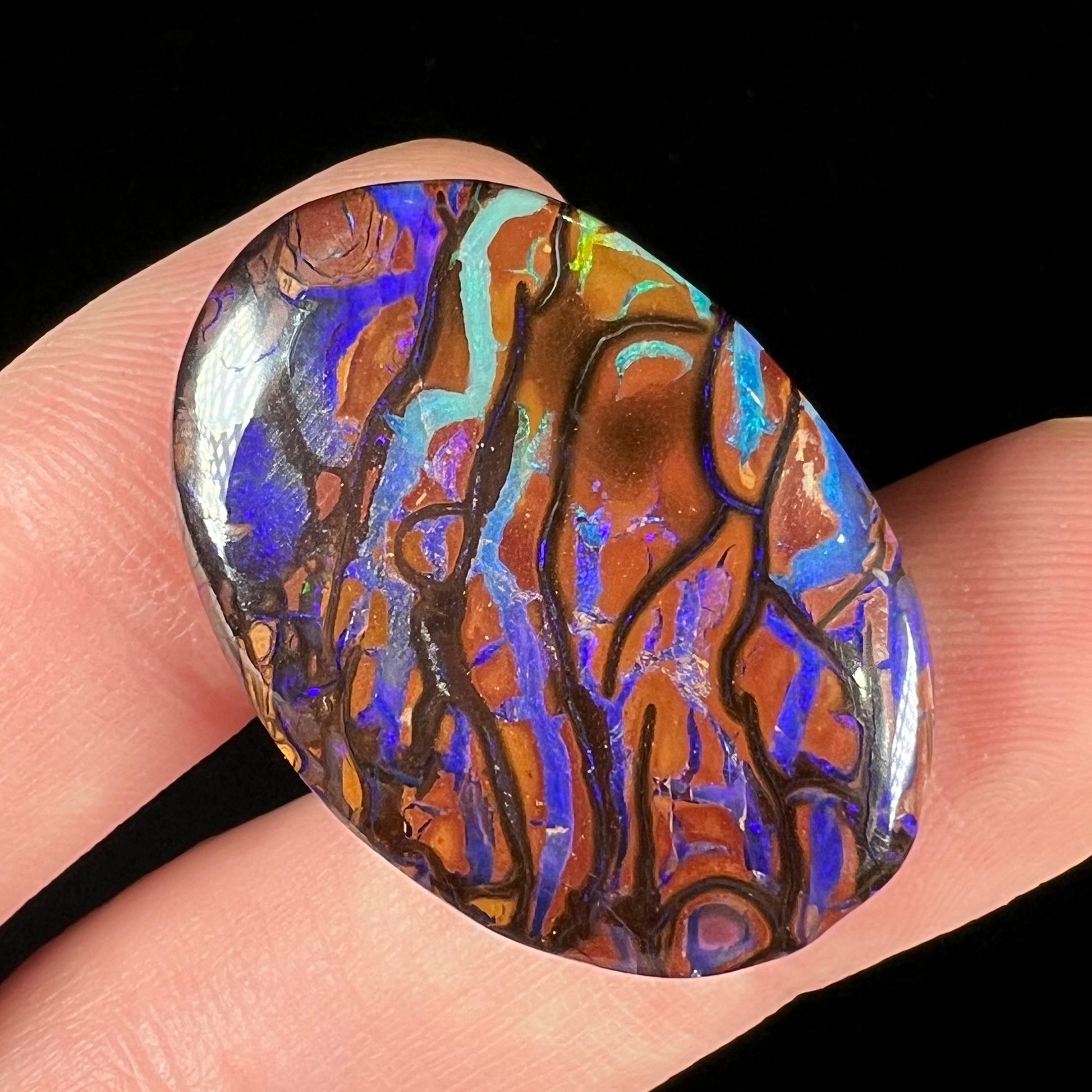 A loose, oval cabochon cut boulder opal from Koroit, Australia.  The opal has violet and purple veins.