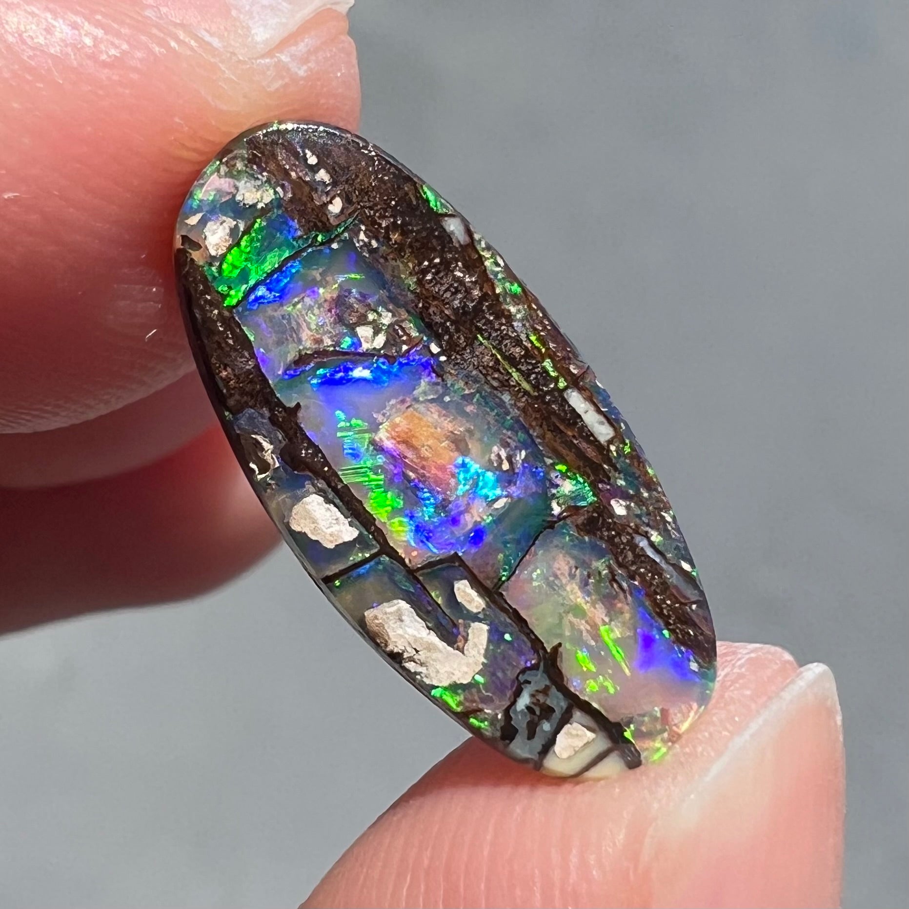 A loose, oval cut boulder opal stone from Koroit, Australia.  The opal shines green and blue colors.