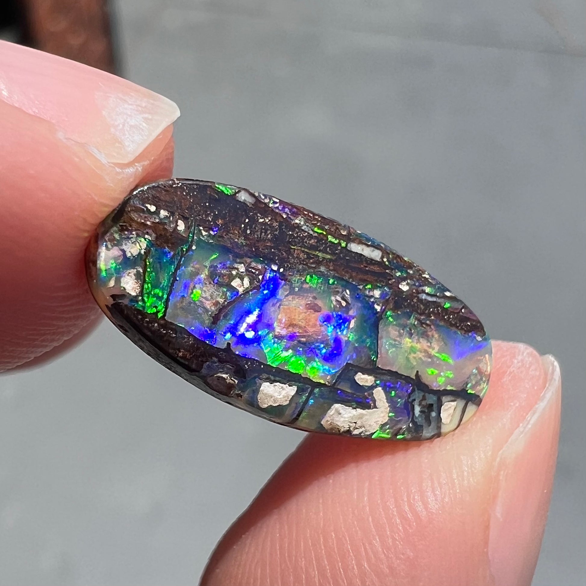 A loose, oval cut boulder opal stone from Koroit, Australia.  The opal shines green and blue colors.