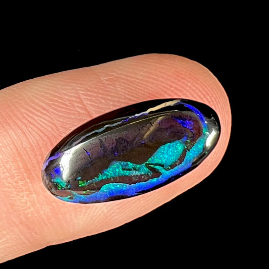 A loose, oval cabochon cut boulder opal stone.  The stone has bright blue and purple veins.