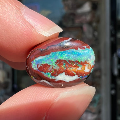 A loose, oval cabochon cut boulder opal stone from Australia.  The opal has blue and green veins in an ironstone matrix.