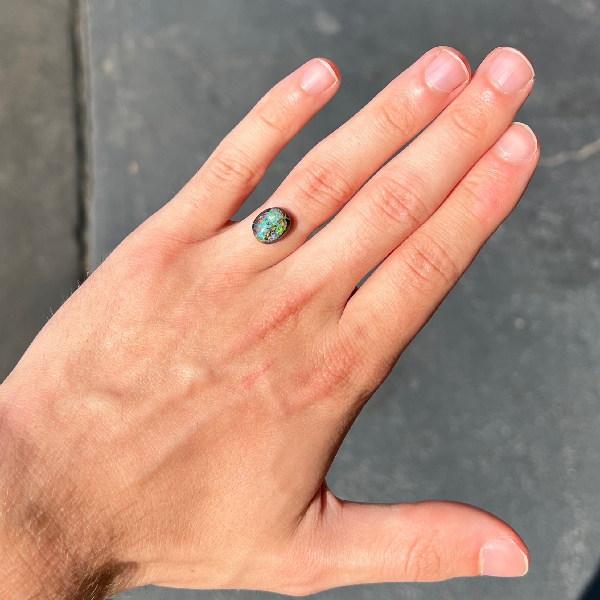 An oval cabochon cut boulder opal stone with green and blue color play.