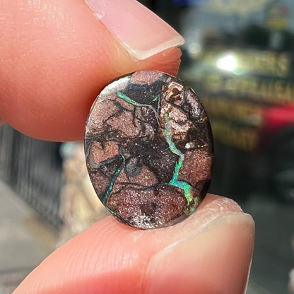 An oval cabochon cut boulder opal stone with green and blue color play.