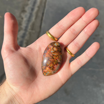 A polished boulder opal stone from Koroit, Australia.  The stone has been drilled with a bead hole.