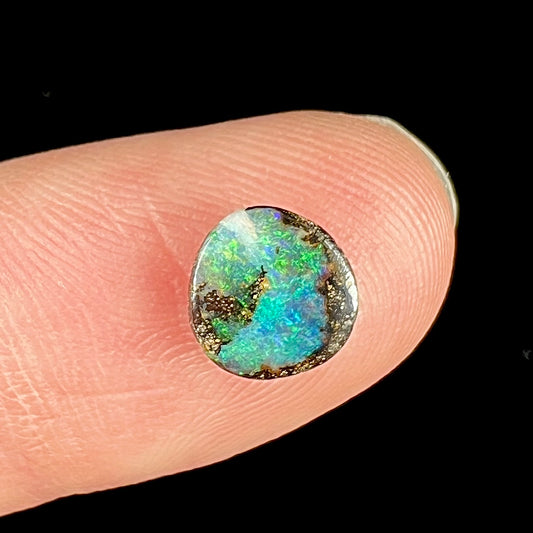 A loose boulder opal stone that shines blue colors.