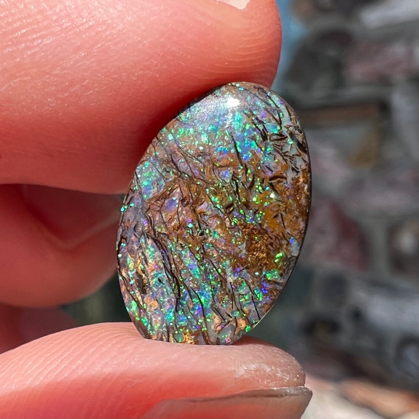 A loose, oval cabochon cut matrix boulder opal stone from Koroit, Australia.  The opal shines with green and blue colors.