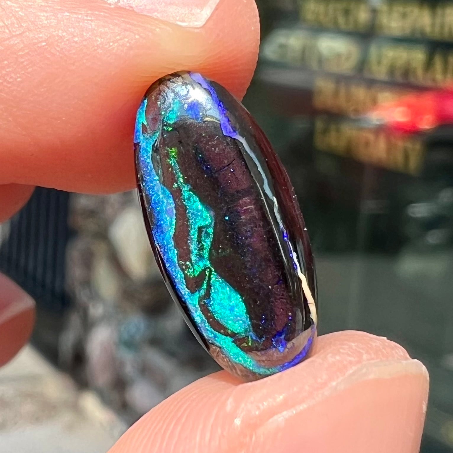 A loose, oval cabochon cut boulder opal stone.  The stone has bright blue and purple veins.