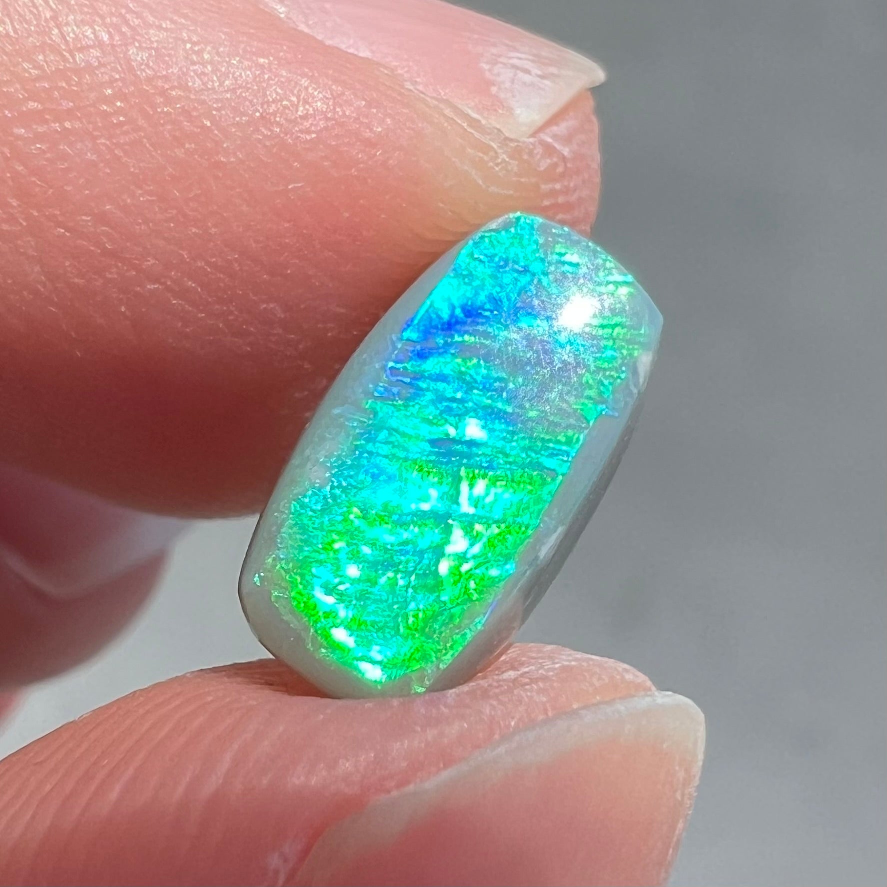 A loose semi-black opal from Lightning Ridge, Australia.  The opal flashes bright green and blue colors.